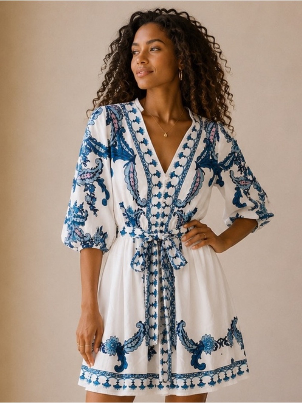 White Embroidered V-Neck Dress with Blue Paisley Detail